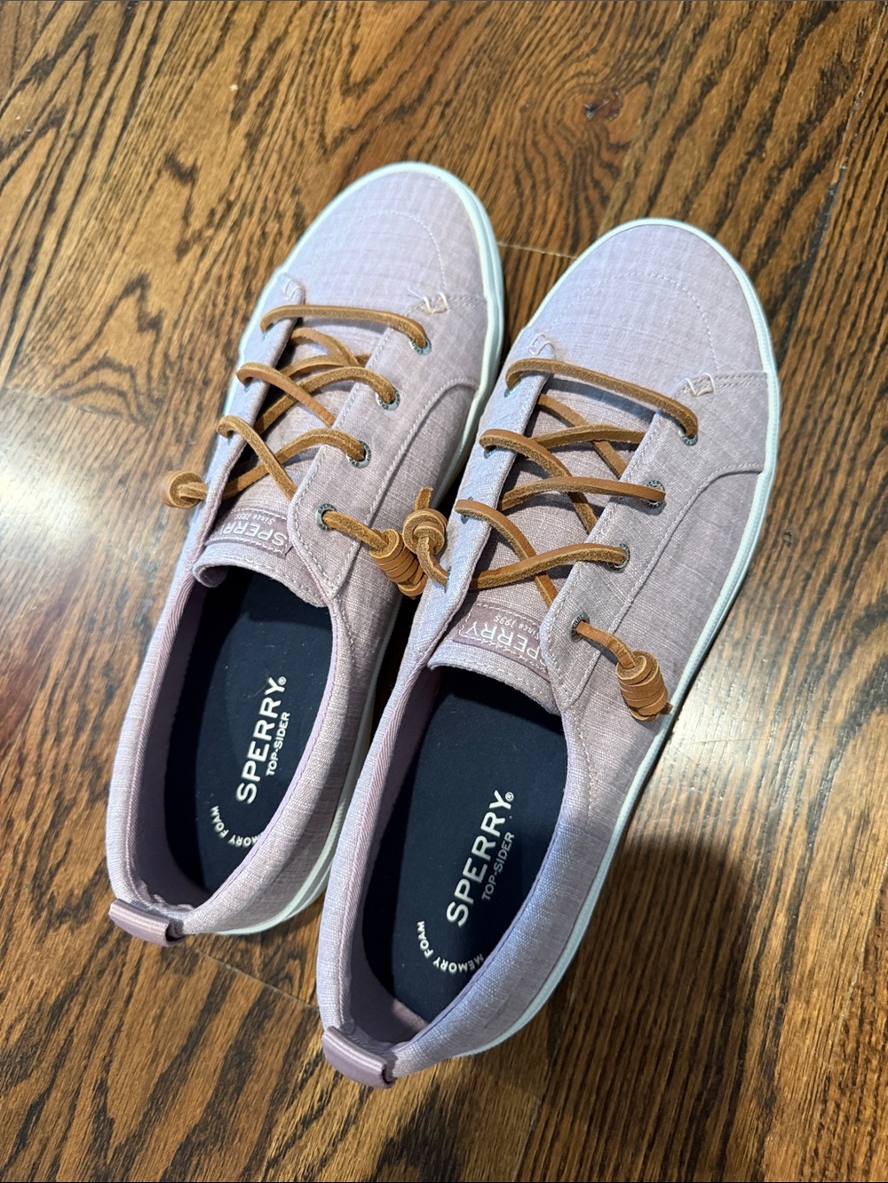 Sperry ladies Light Pink Canvas Boat Shoes with Tan Laces